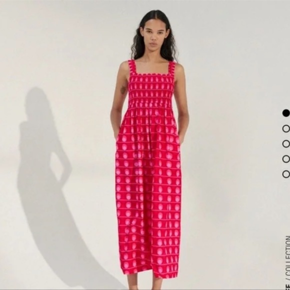 Zara Dresses Zara Smocked Fuchsia Retro Geo Print Maxi Dress Cotton